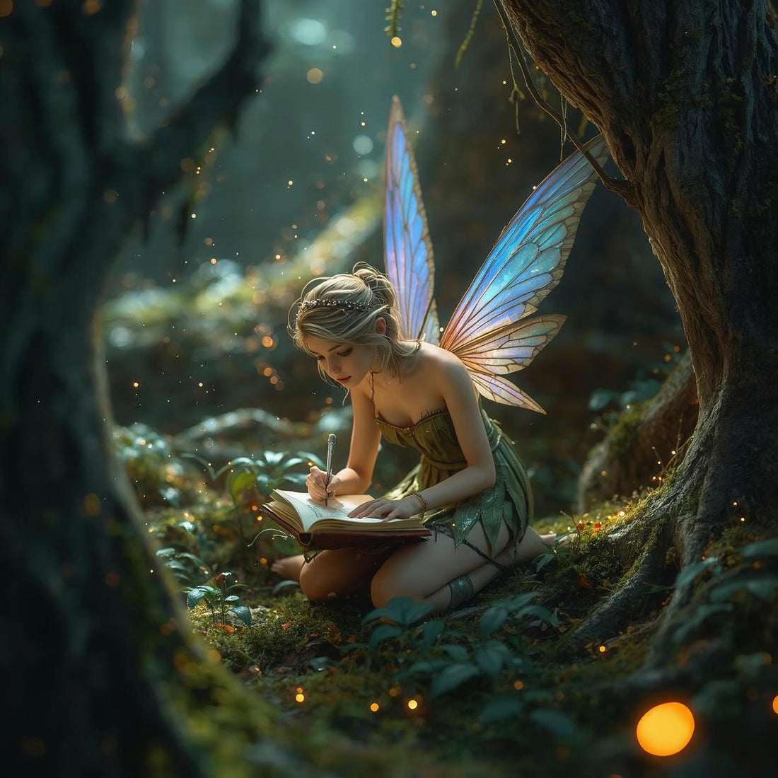 A fairy writing in her diary, in a glade with beautiful glossimar wings.