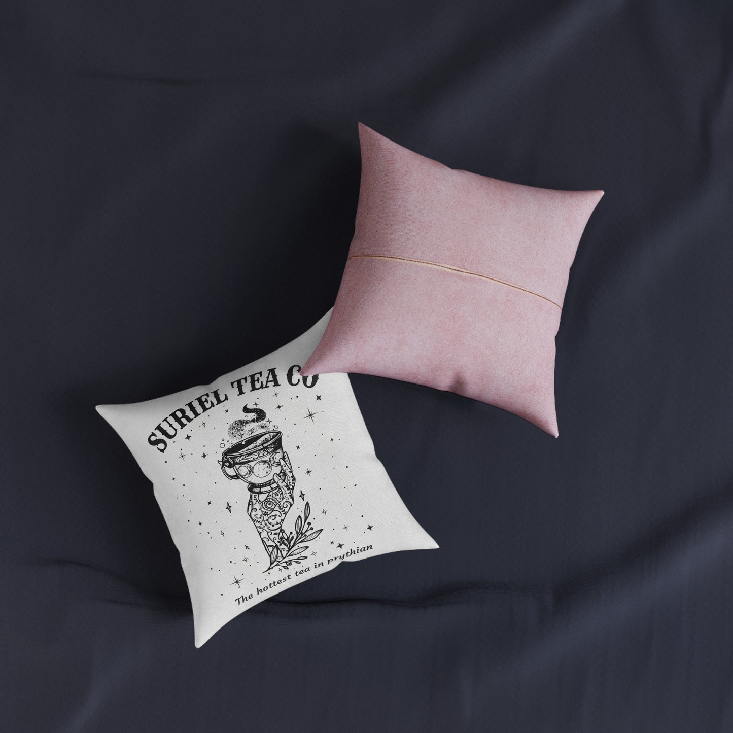 Cozy Decorative Suriel Tea Co Pillow - Pink Back, Cute Home Decor, Gift for Tea Lovers, Boho Style Cushion, Relaxation Accent